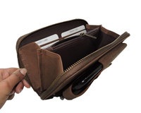 Dompet Kulit Asli Coklat Berkualitas Premium Buatan Tangan Desainer, RFID, Panjang, Vintage, untuk Ponsel, Bisnis, Dapat Disesuaikan, Dipersonalisasi