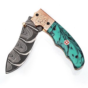 Navaja de bolsillo plegable personalizable para acampar al aire libre y cazar, nuevo diseño, mango químico de resina, acero de Damasco, láser OEM DIY - Product Image 2