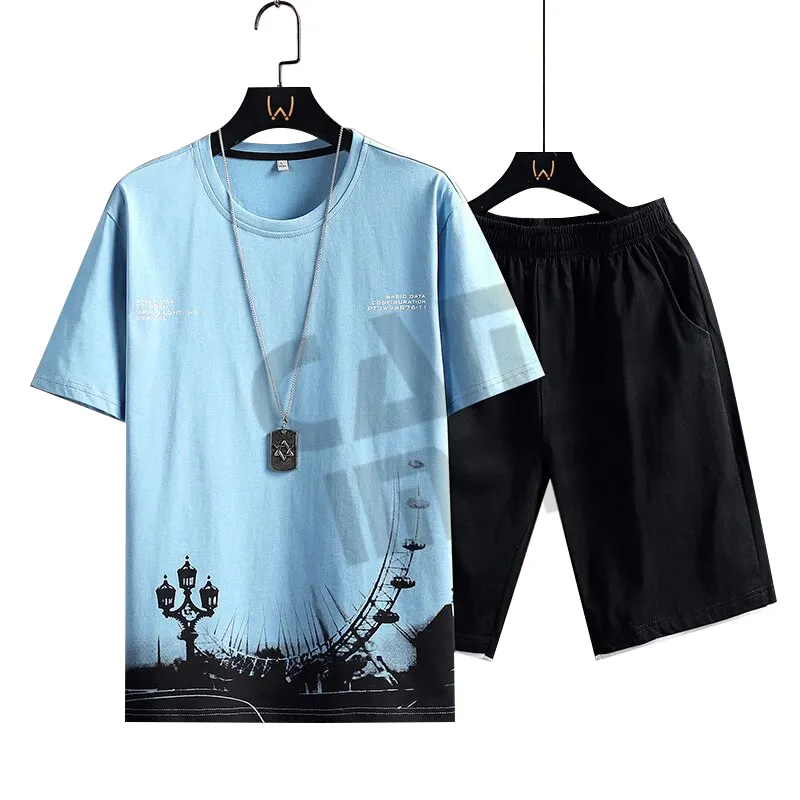 Men's Summer Fashion Short Sleeve Sportswear Ink Print T Shirts+Shorts 2 PC Sets Men Casual Sports Suits Male Clothing