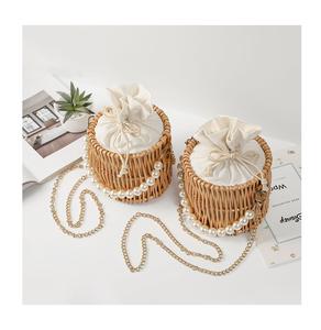 Hollow Bucket Rattan Straw <b>Bag</b>/ Hand-<b>woven</b> Summer Elegant Cube <b>BagS</b>/ Wicker Bucket Handbag With Pearls Handles - Product Image 2