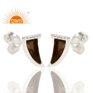 ต่างหูเงินแท้ประดับเพชร CZ รูปทรงแตรเล็กประดับด้วยควอตซ์สโมคกี้ ของขวัญสำหรับงานหมั้นและงานแต่งงาน - Product Image 2