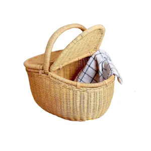 越南经典柳条带盖手工编织篮、稻草编织篮、野餐篮