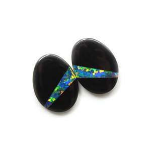 Boucles d'oreilles Bello en opale de feu synthétique et onyx noir doublet, taille ovale 25x18MM, pierres précieuses naturelles en vrac, paire de haute qualité - Product Image 5