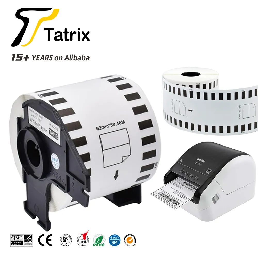 Tatrix DK22205 62Mm DK-22205 Gulungan Label Pengiriman Kertas Termal Berperekat Hitam Di Atas Putih DK22205 untuk Printer Saudara QL-700