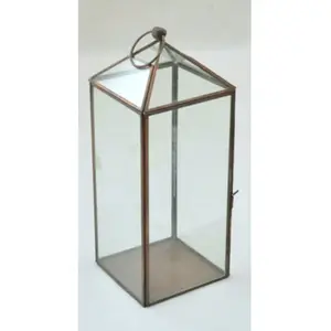 Clear Glass Terrarium House With Metal Frame Antique Copper Finishing Rectangular Shape Fancy Design For Home Decoration
