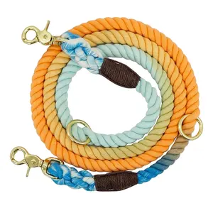 Penuntun anjing kepang tali katun Ombre warna-warni alami tali hewan peliharaan dengan kancing jepret emas kait semua aksesori untuk anjing