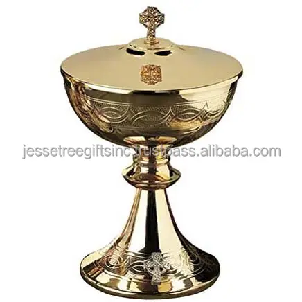 Etched Cross Metal Ciborium With Cover Bright Golden Plating Finishing Round Shape Premium Quality For Church Use
