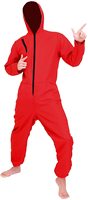 Combinaison formelle en denim rouge respirant avec broderie, perles et pompons, fermeture éclair