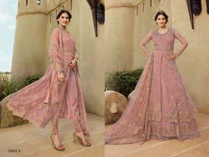 Papriko Setelan Rok & Celana Anarkali, Rok & Celana Bordir, Banglori Jaring Lembut, Bawahan Satin dengan Sepatu Renda Samping - Product Image 3
