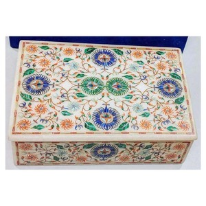 Caja de trabajo de mármol blanco, piedra semipreciosa incrustada - Product Image 1