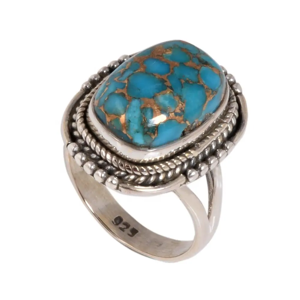 Increíble diseño azul de turquesa de cobre anillo de Plata de Ley 925