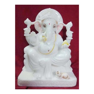 Handmade Spotless White Marble God Ganesha <b>Statue</b> With Mushak - Product Image 1