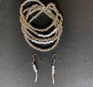 Beaded stretch bracelet and earring <b>set</b> champagne gold and pearl seed <b>beads</b> - Product Image 1