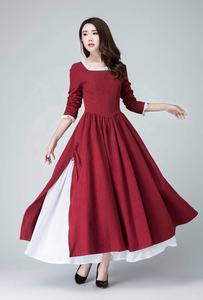 Robe en lin écologique à volants, couleur bordeaux unie, à bretelles, taille basse, coupe évasée, pour soirée, avec une belle fente latérale, pour femmes - Product Image 4