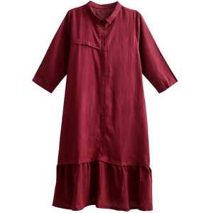 New arrival fashionable trending latest design Burgundy color crepe fabric turn-down collar 3\4 sleeve floor length linen dress - Product Image 5