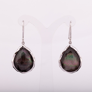 High Quality 925 <b>Silver</b> 925 Natural Black Mother Pearl Clear Quartz <b>Drop</b> <b>Earring</b> Gold Plated Thailand Manufacturer Factory Price - Product Image 1