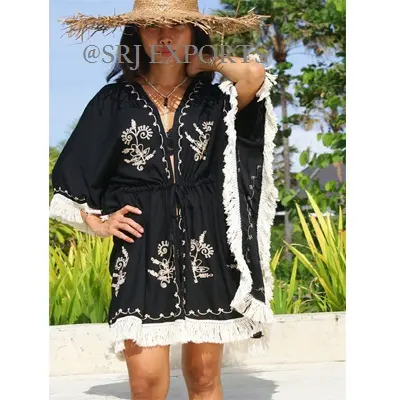 Nieuwste 2019 Unieke Bohemian Bloemen Chain Stitch Geborduurde Fringe Kant Strand Kimono Cover Up Kaftan Jurk Voor Zomer