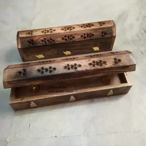 New Mango Wood Hand Carved & Mix Brass Inlaid Incense Box Burners Model Wholesale Supplier From India