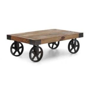 Table Basse Chariot Industrielle & Vintage Antique Réglable en Métal et Bois de Mangue avec Roues – Utilisation Intérieure/Extérieure pour Salon, Villa, Maison - Product Image 1
