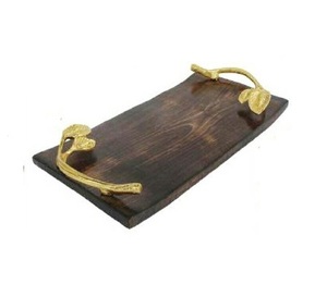 Bandeja de madera pura con mango Exportador Nuevo diseño Bandeja de servicio de madera de acacia hecha a mano con mango de metal - Product Image 3
