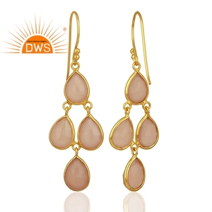 Pendientes Clásicos de Calcedonia Multi Rosa, Chapados en Oro de 18k, Proveedor de Joyería, Diseñador, Pendientes de Plata de Ley con Bisel - Product Image 2