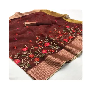 Roze Steen Werk Borduren Designer Saree