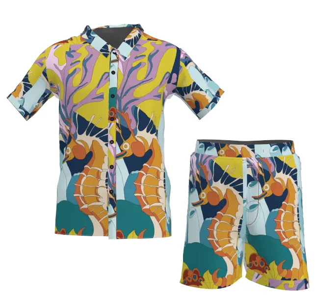 Wholesale price Custom Printed Men short sleeve casual summer hawaiian shirts and shorts set for beach