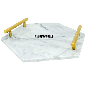 Plateau de service fait à la main de qualité supérieure, marbre blanc couleur avec poignée dorée plateau de Table fantaisie nouveau Design décoratif plateau de service - Product Image 2