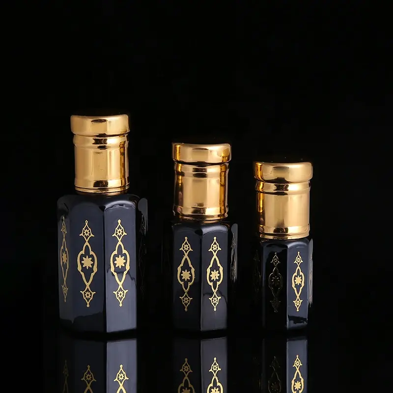 Cj-factory, venta directa de fábrica, estampado en caliente, logotipo personalizado, en forma de octogonal, botellas de vidrio de aceite de Perfume de Oud vacías arábiga negra