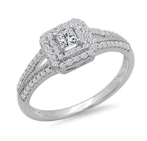 1.00Carat  ctw  14K White Gold Princess   Round Cut Diamond Halo Engagement Ladies Ring