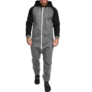 Erkek kapşonlu tulum tam Zip Onesie tulum tek parça tulum hafif eşofman cepler ile