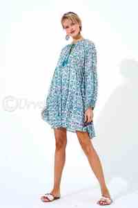 100% pur coton imprimé taille smocks robe courte pleine ballon manches avec volants encolure ajustée confortable robe courte - Product Image 4