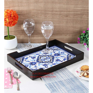 Plateau en bois MDF de haute qualité de forme rectangulaire, bordure arrière latérale et Design imprimé sur le dessus avec poignées - Product Image 5