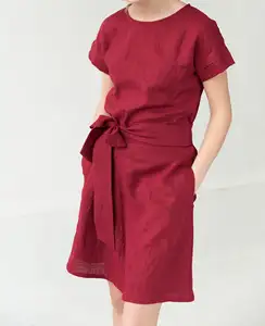 New Arrival fashionable trending latest 100% linen maroon color o-neck knee length formal solid short sleeve women linen dress