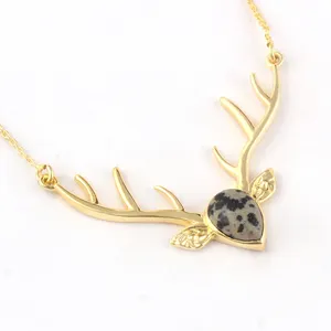 Reasonable price wholesale jewelry natural dalmatian jasper pendant necklace gold filled deer necklace handmade antler necklace