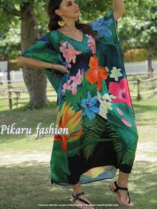 High Quality Dubai Plus <b>Size</b> Women Kaftan Elegant Bohemian Floral Print V-Neckline Short Sleeve Woven Floor-Length Natural - Product Image 3