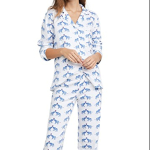 Women's White Blue <b>Crab</b> Print Cotton Pajama Set Long Sleeve V-Neck Loose Fit Summer Casual Wear - Product Image 1