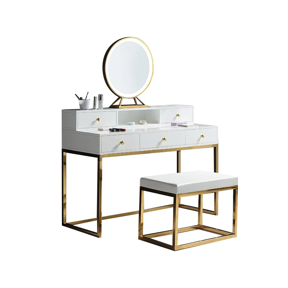 Coiffeuse blanche moderne avec miroir et tabouret, Table de toilette pour maquillage, vente en gros, été, 2020