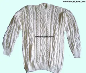 Alpaca Sweater Buatan Tangan Peru, Leher Crew Peru untuk Pria Etnik Tibet Lembut