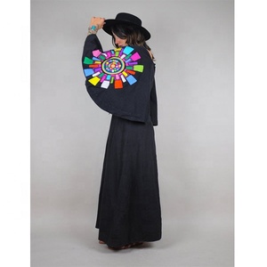 Robe longue d'été style bohème mexicain vintage, broderie florale, manches trois quarts, taille ample, dentelle, 6XL, plage, 100% coton - Product Image 1