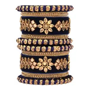 Indian Bangle Set CZ Crystal Kundan Wedding Bridal Silk Thread Velvet Bangle Bracelets Jewelry for Women (Set of 10)