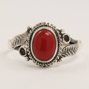 Synthetic <b>Coral</b> Ring 925 Sterling Silver Leaf Art Handmade Ring in All Sizes US 6x8 Oval Cabochon Stone - Product Image 1