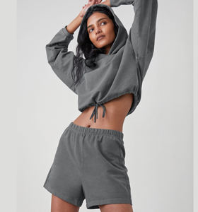 Jersey de manga larga para mujer, Conjunto de sudadera y pantalones cortos con cremallera, conjunto de dos piezas, Top corto de lana de manga larga y pantalón corto - Product Image 4