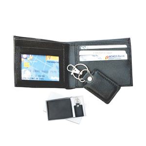 Cartera delgada de cuero PU de alta calidad para hombre con llavero Juego de regalo promocional negro para mosquetones y llaveros - Product Image 1