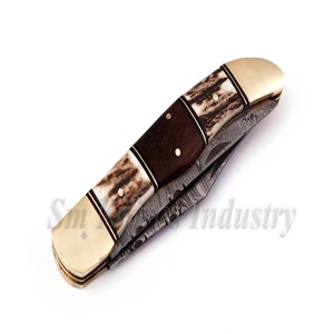 Xyj couteau pliant utilitaire fait main à Double lame, de damas, antter, espaceur et manche en bois, lame épaisse de 2-3mm (Smk1350) - Product Image 6