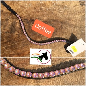 Bride de cheval en cuir avec bandeau en cristal laqué café, fermeture à crochets et boucles, équipement équestre facile à changer rapidement - Product Image 5