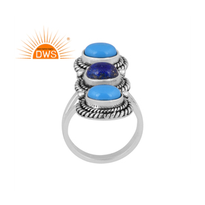 Último diseño plata esterlina oxidada lapislázuli natural y piedra preciosa turquesa anillo apilable joyería fabricante - Product Image 1