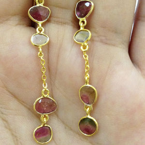 Mínimo de Plata de Ley 925 chapado en oro Sandía Color Multi turmalina Polki Rosecut corte plano indio Corte pendientes de piedras preciosas - Product Image 1