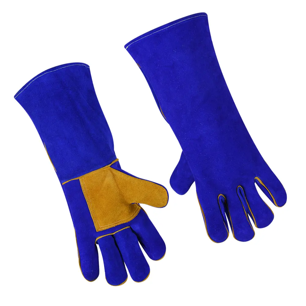 Luvas de solda de couro resistente ao calor, luvas com solda azul e palma dupla amarela/atacado luvas de segurança
