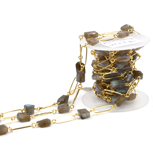 Labradorite Nuggets Rosary Chain 10–12mm Brass 18K Gold Plated <b>Wire</b> Wrapped Gemstone Chain Sold by Foot for Jewelry Making - Product Image 5